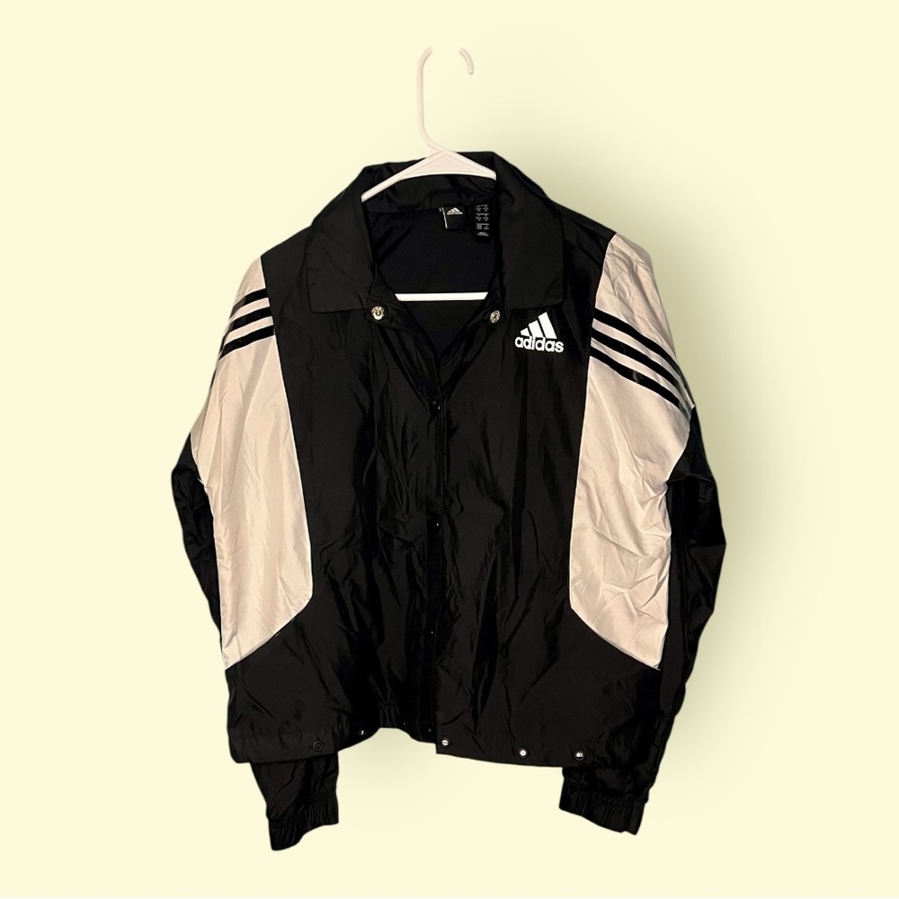 adidas Jacket Black Coach 3-Stripes Athletic Lightweight Snap Button, Size Med